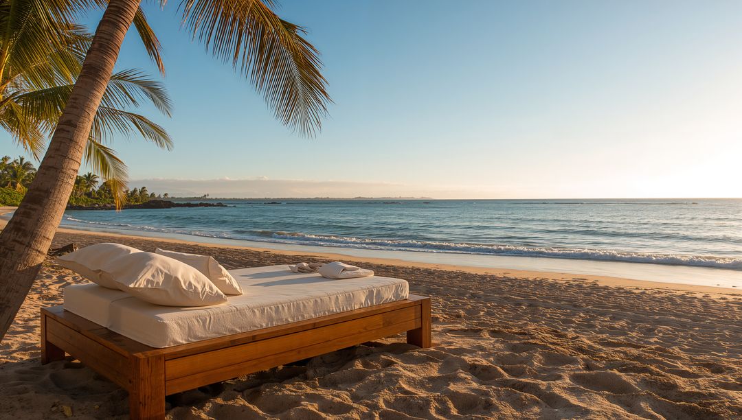 Wooden daybed basking in golden sunrise on tropical beach with palm shade and calm waves