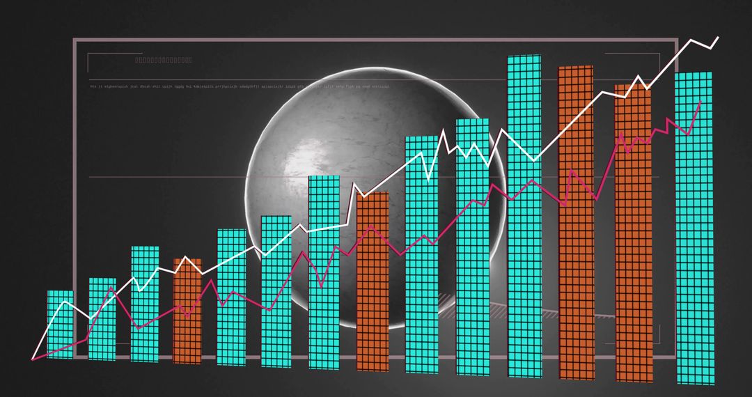Futuristic data dashboard showing rising bar chart with neon mosaic bars and trend lines