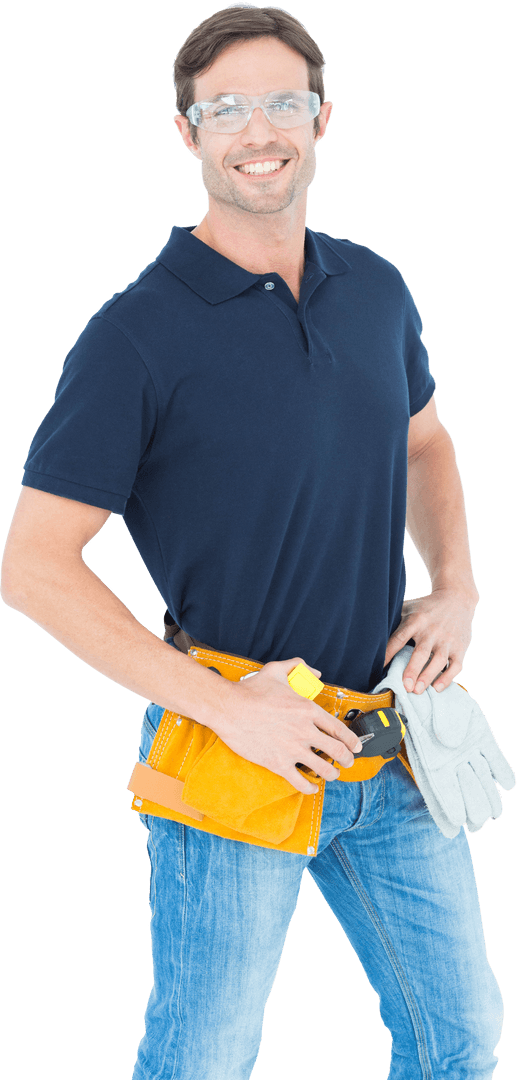 Confident Craftsman Wearing Protective Gear with Tool Belt
