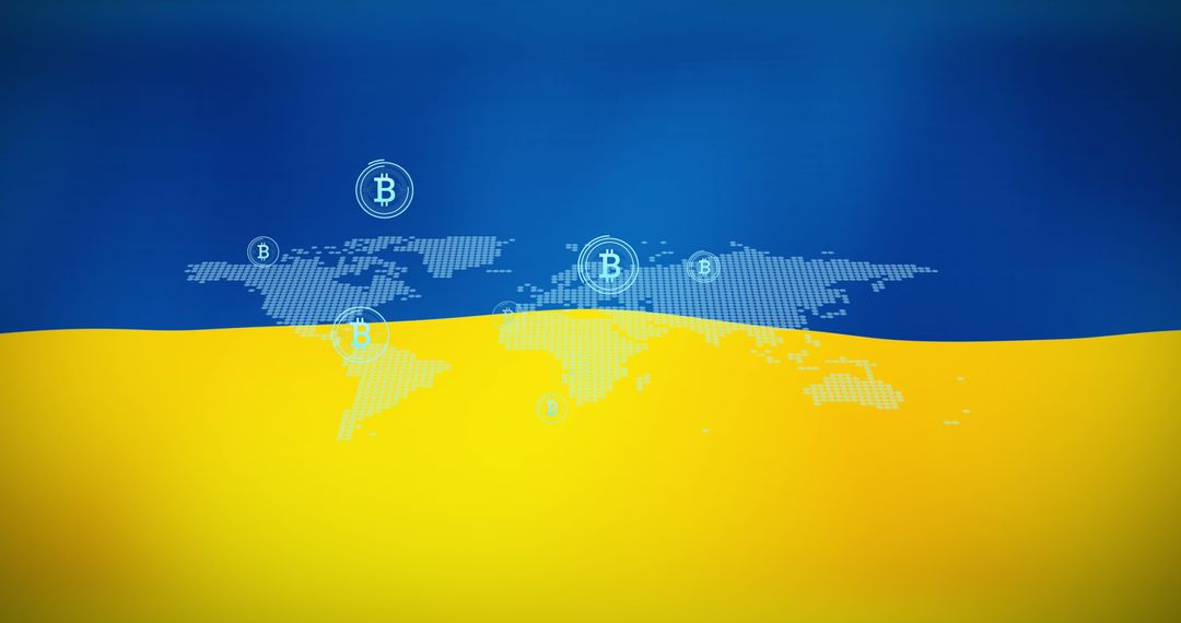 Global Bitcoin Overlaid on Ukrainian Flag Illustrating Cryptocurrency Influence