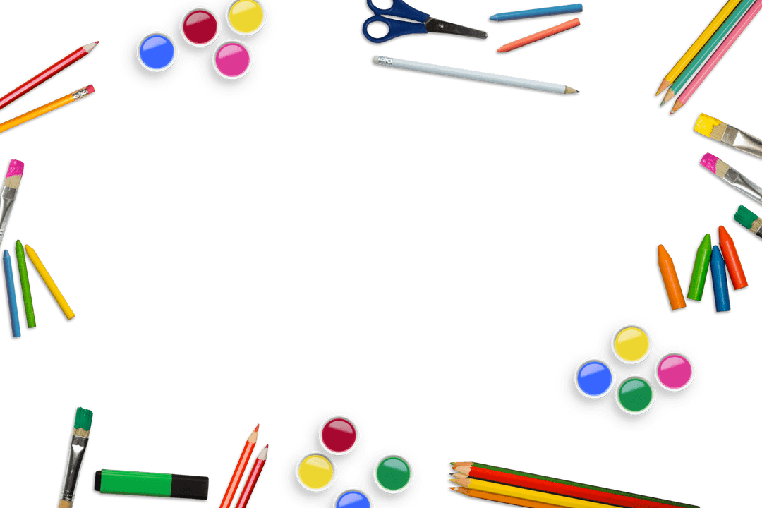 Bright School Art Supplies with Copy Space on Transparent Background