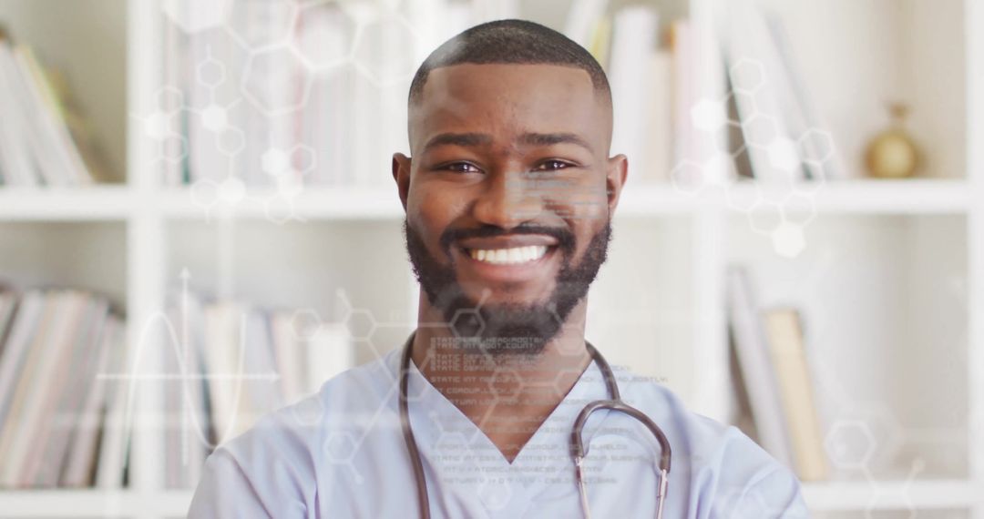 Smiling Doctor Amidst Digital Data Graphics
