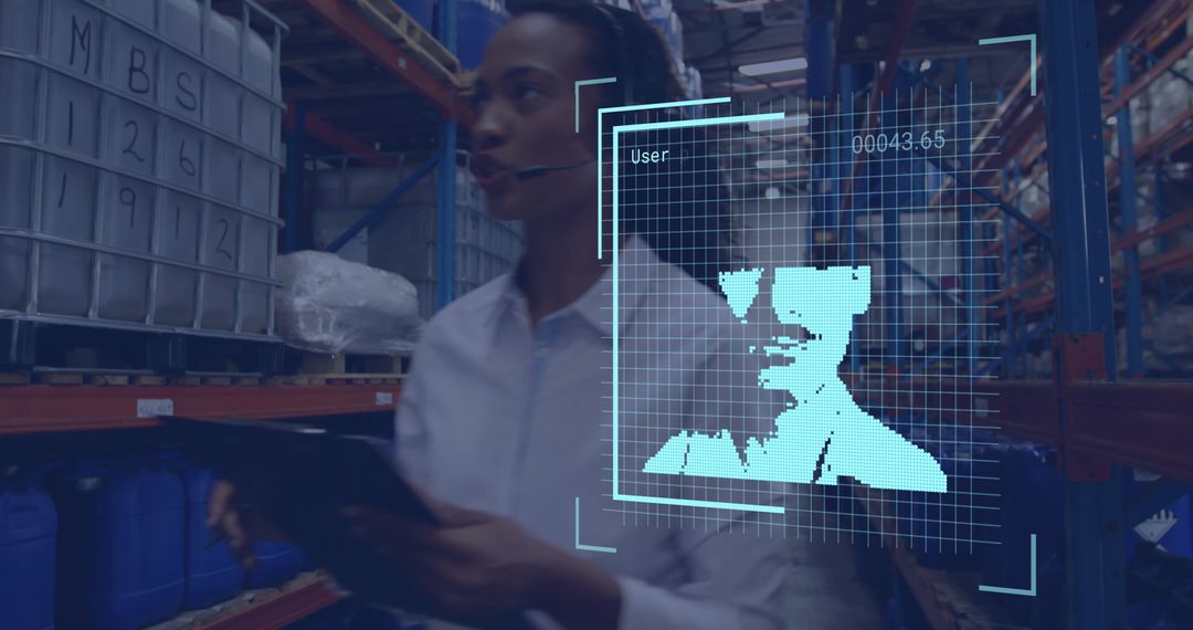 Biometric Data Interface with Businesswoman in Warehouse Setting