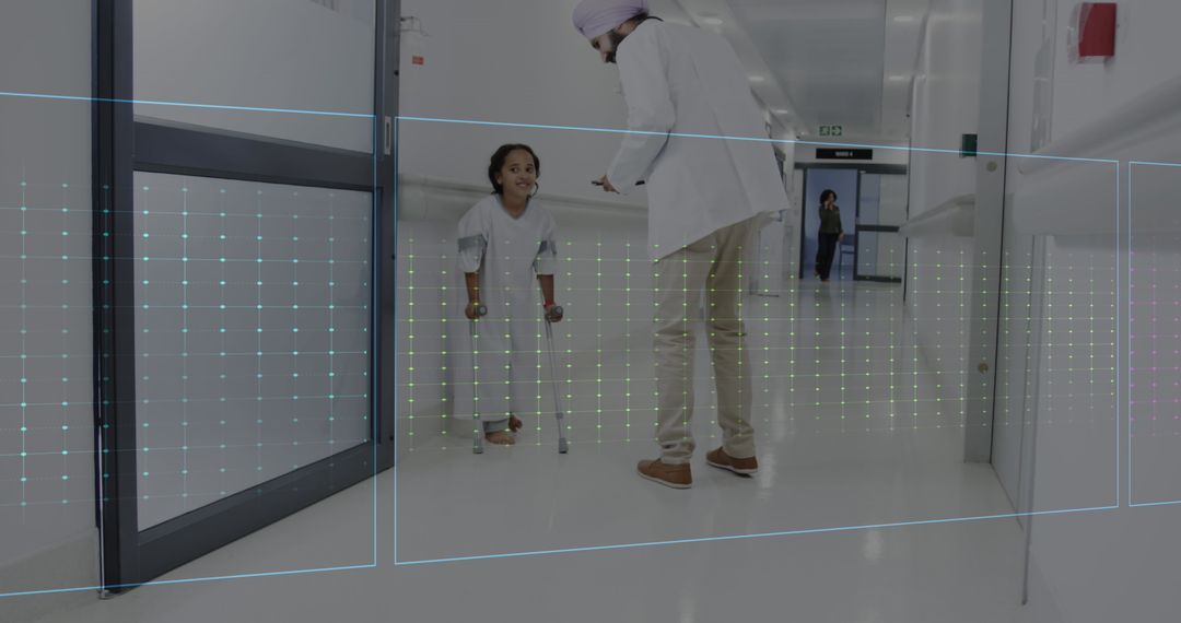 Doctor Interacting with Disabled Child in Hospital Corridor