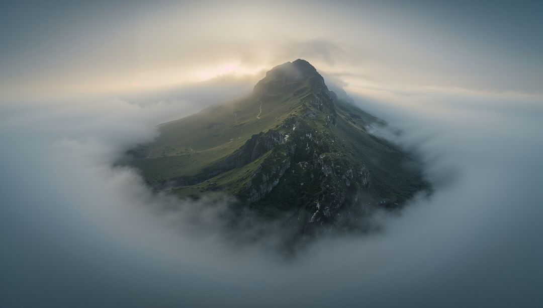 Rising narrow mountain ridge cutting through sea of clouds with winding trail at sunrise