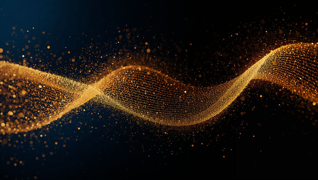 Flowing Golden Particle Ribbon Twisting Across Deep Navy Backdrop Luminous Abstract Wave
