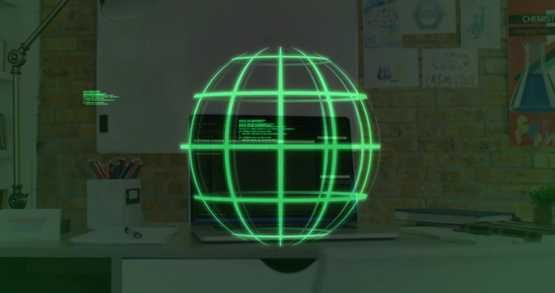 Floating Green Globe with Code in Modern Home Office