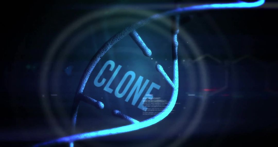 DNA Strand with Clone Text Amidst Digital Data Visualization