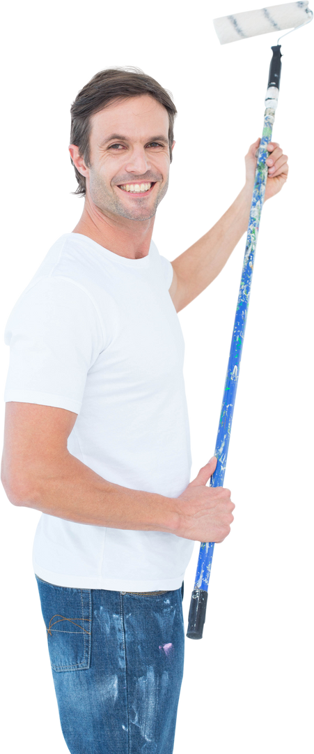 Smiling man with paint roller isolated on transparent background - Download Free Stock Images Pikwizard.com