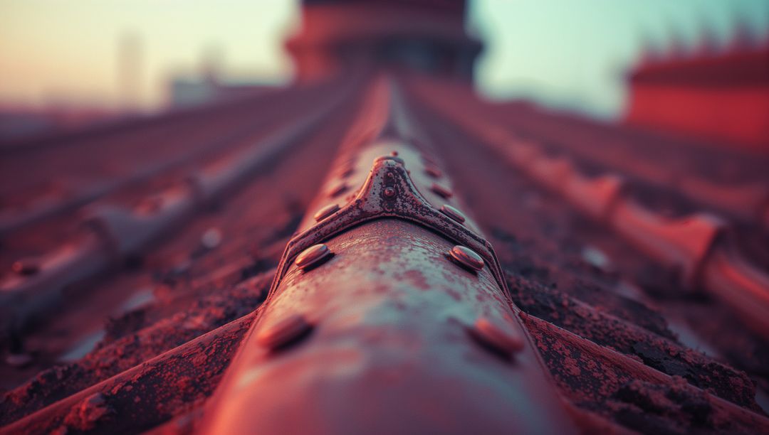 Weathered Red Metal Rooftop with Rivets in Urban Setting