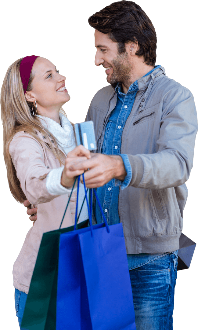 Smiling Couple Holding Credit Card and Shopping Bags Transparent Image