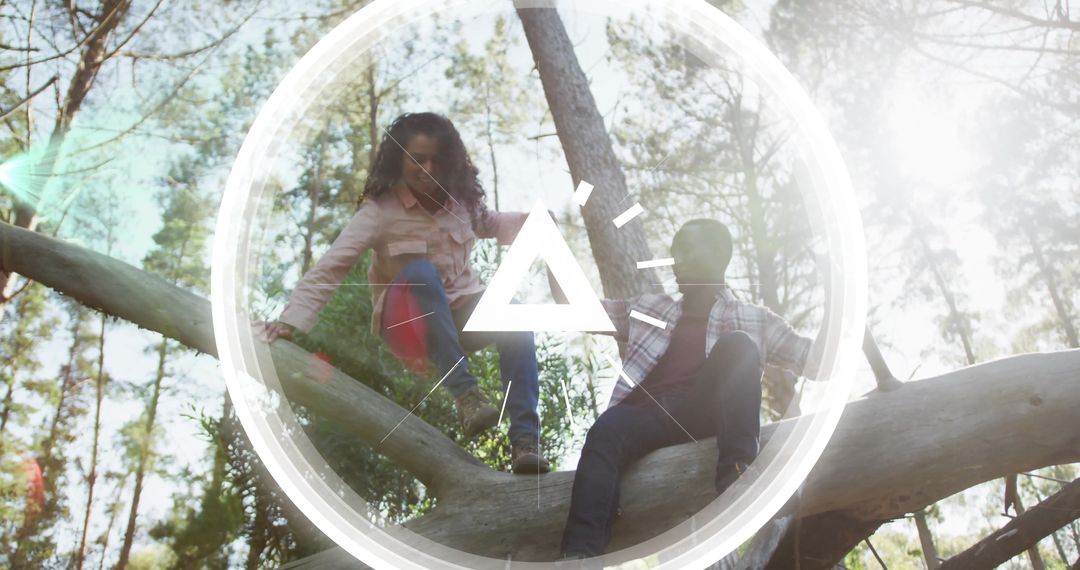 Friends Balancing on Tree Trunk in Sunlit Pine Forest with Digital Overlay