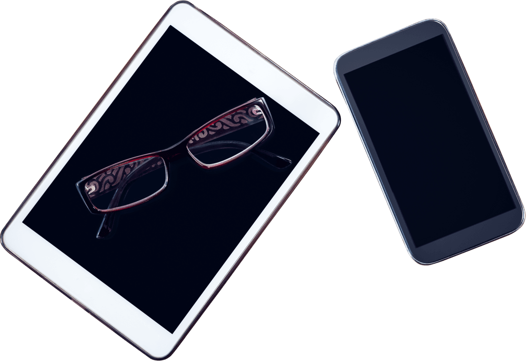 Tablet with Red Spectacles and Phone Isolated on Transparent Background