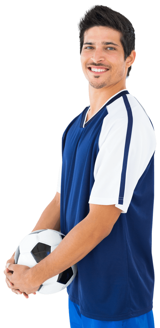 Smiling Football Player Holding Ball in Transparent Background
