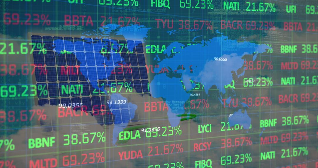 Global Financial Data Overlay with World Map and Solar Panels