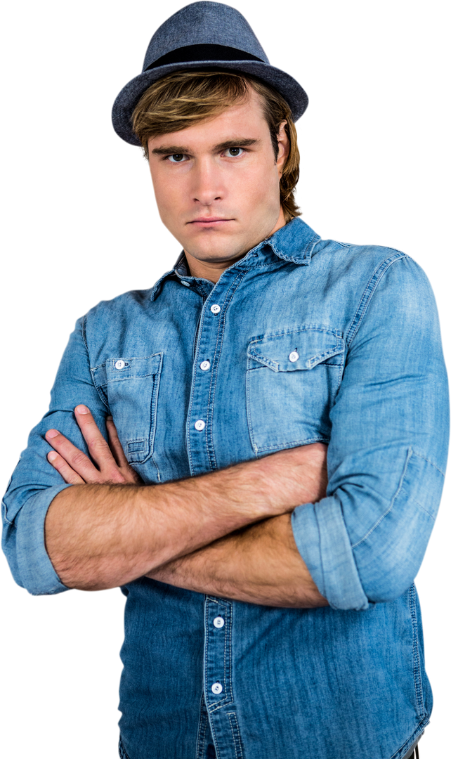 Serious Young Man in Denim Shirt and Fedora - Transparent - Download Free Stock Images Pikwizard.com