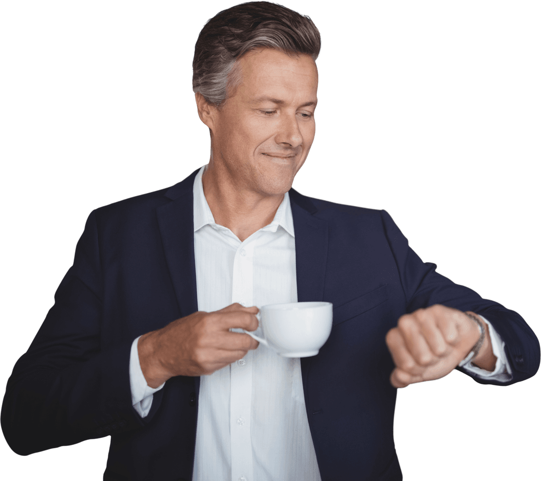 Confident Businessman Checking Time with a Cup of Coffee on Transparent Background