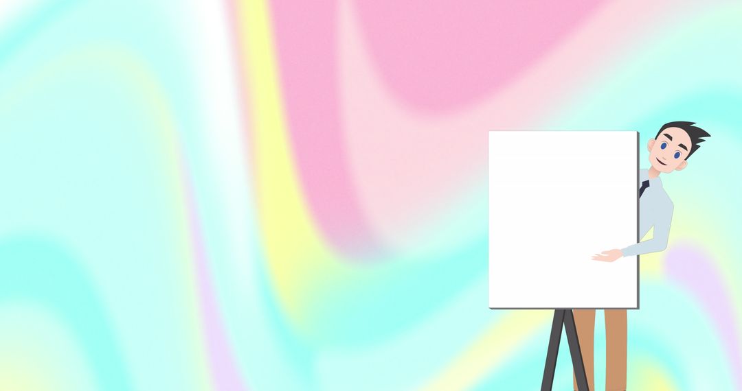 Cartoon Figure Holding Blank Canvas on Colorful Abstract Backdrop