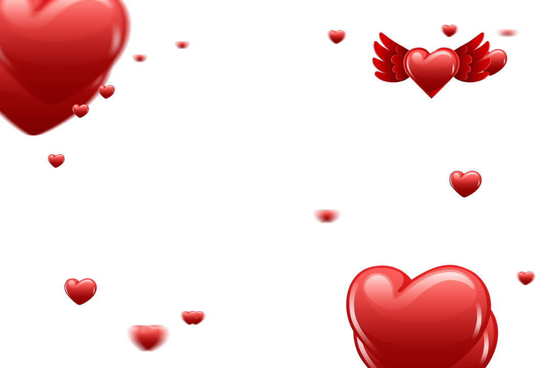 Romantic Red Hearts with Wings on Transparent Background