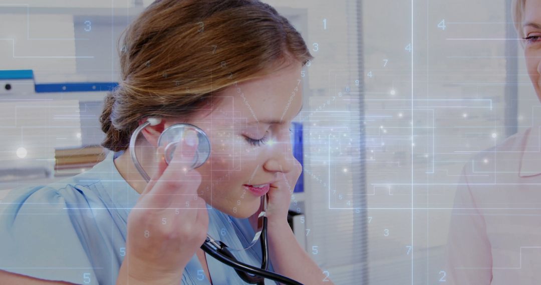 Healthcare Professional Using Stethoscope with Technology Interface