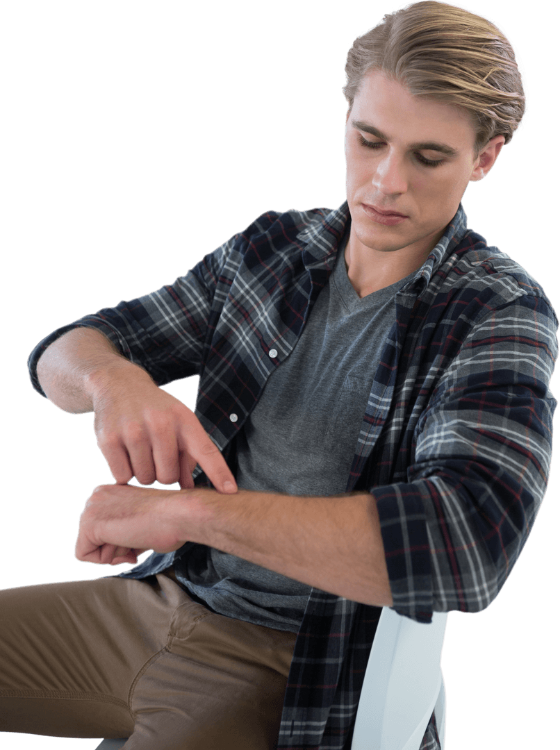 Man Pointing at Imaginary Watch Transparent Background