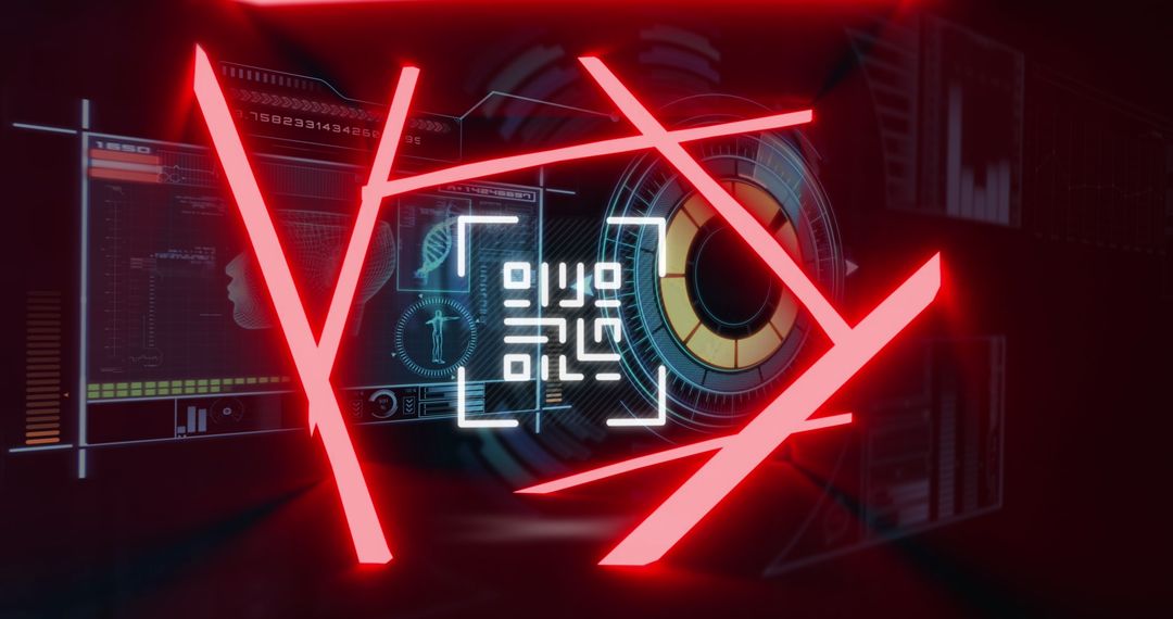 Futuristic QR Code with Neon and Data Interface Elements