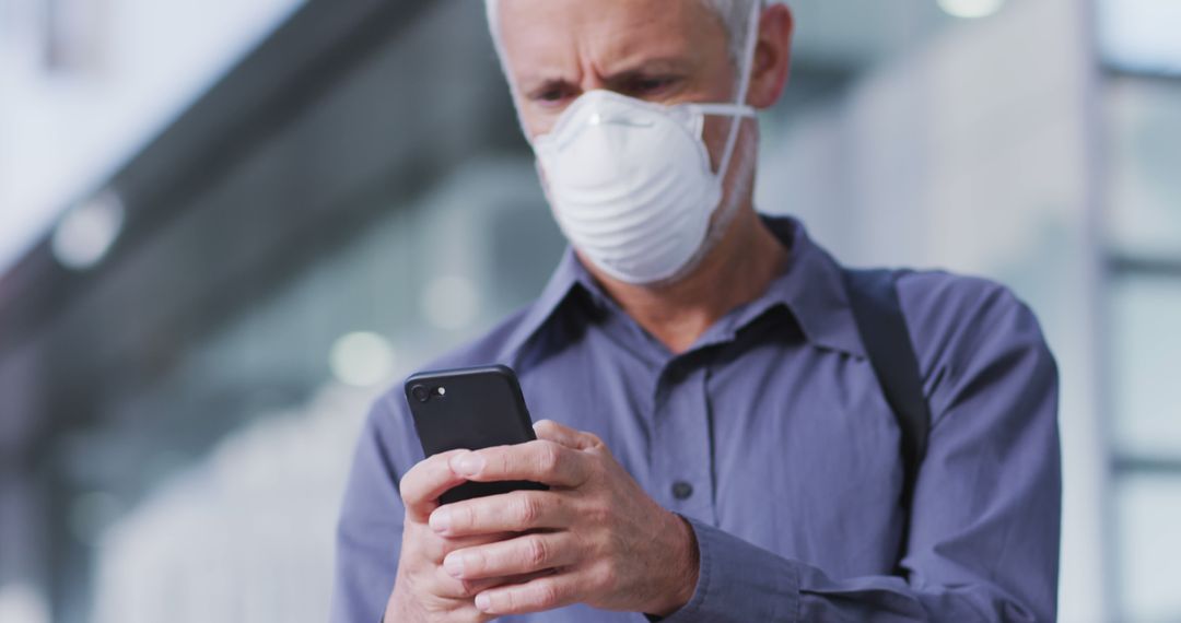 Senior Man Wearing Medical Mask Using Smartphone Outside - Free Images, Stock Photos and Pictures on Pikwizard.com