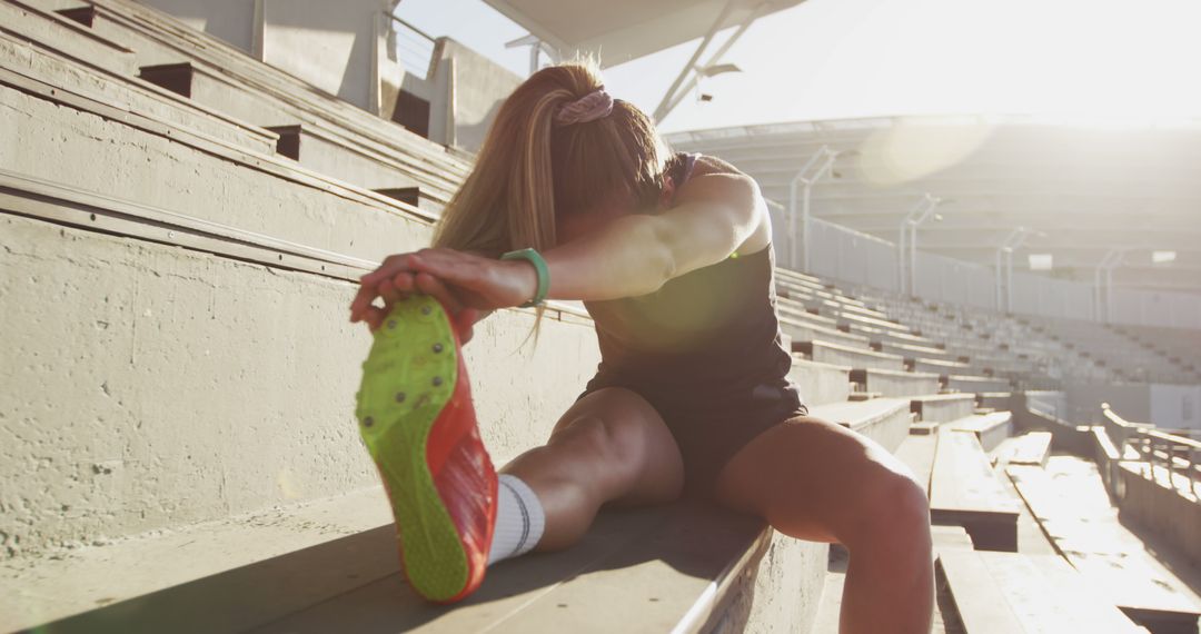 Athlete Stretching on Bleachers at Sunrise - Free Images, Stock Photos and Pictures on Pikwizard.com