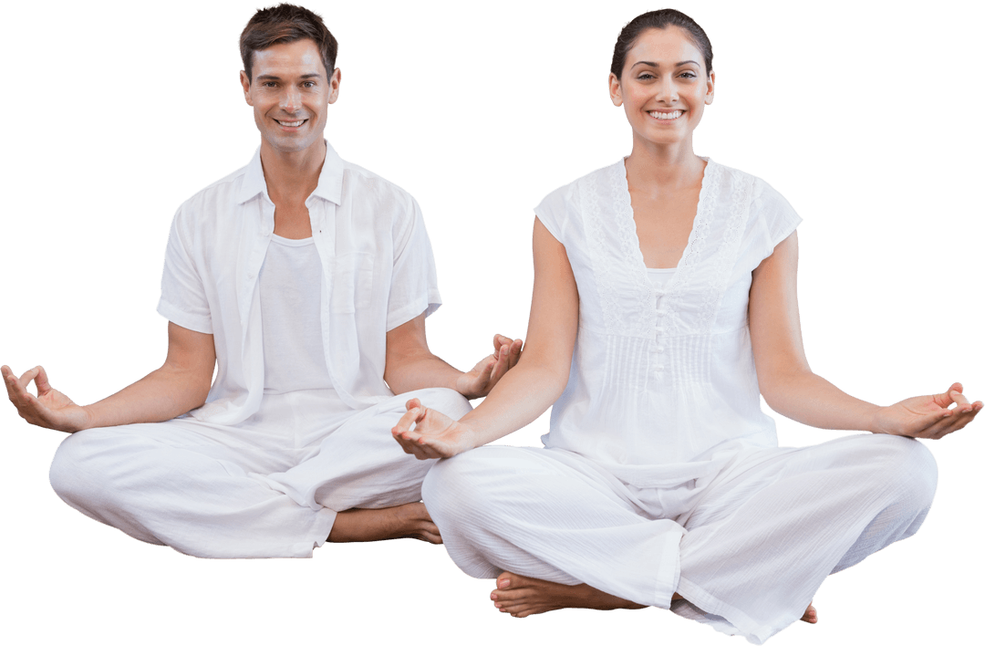 Smiling Caucasian Couple Meditating in Yoga Poses on Transparent Background