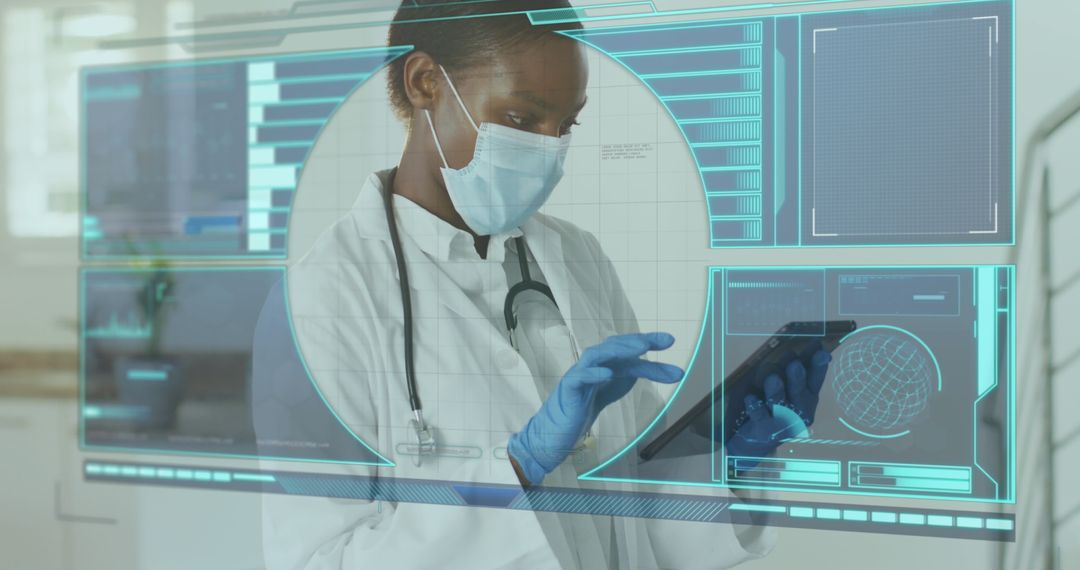 Doctor Analyzing Futuristic Interface Data in Medical Environment