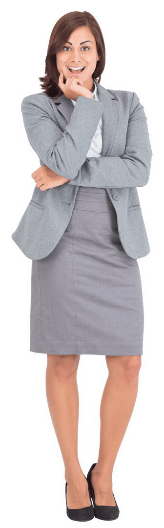 Transparent Caucasian Businesswoman Smiling Confidently in Stylish Attire
