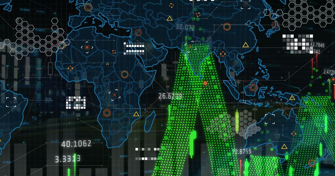 World Map Overlay with Financial Data and City Lights