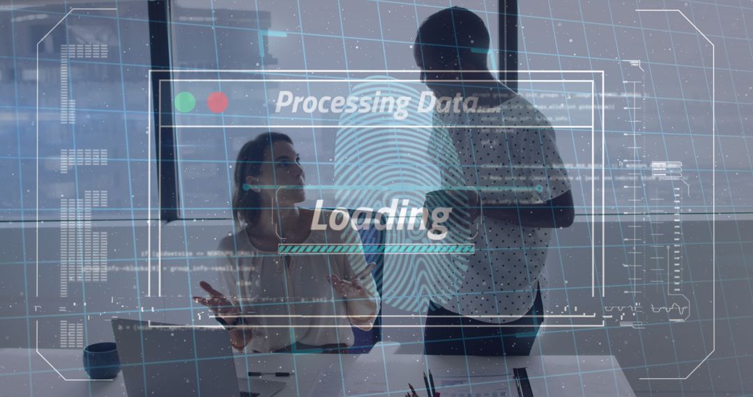 Diverse Women Discussing Data Processing with Digital Interface Overlay