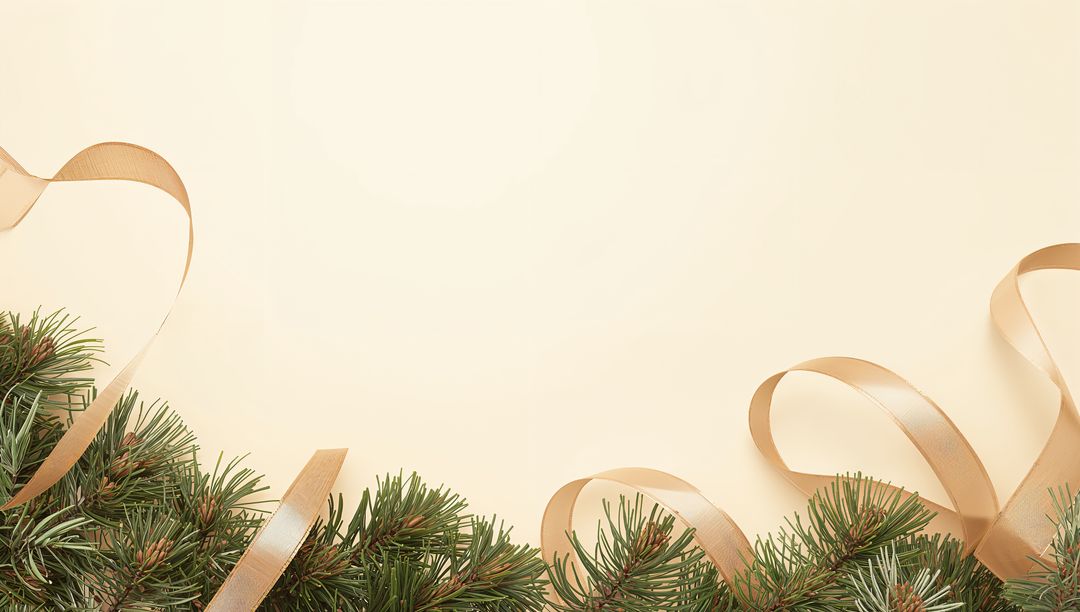 Minimal Holiday Pine Garland Flatlay with Gold Ribbon on Cream Background for Seasonal Use