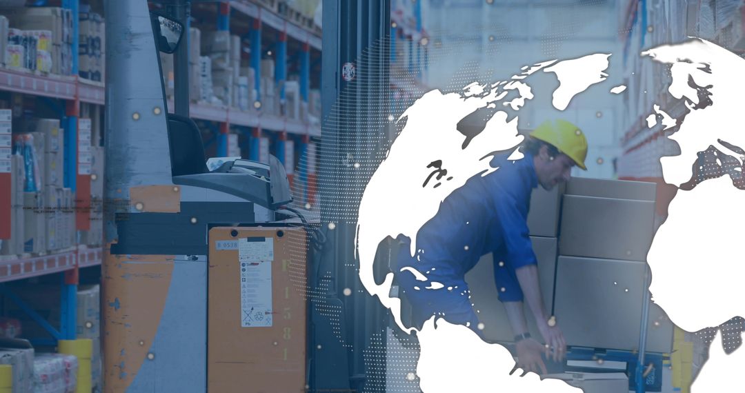 Warehouse Worker Handling Boxes with Global Logistics Theme