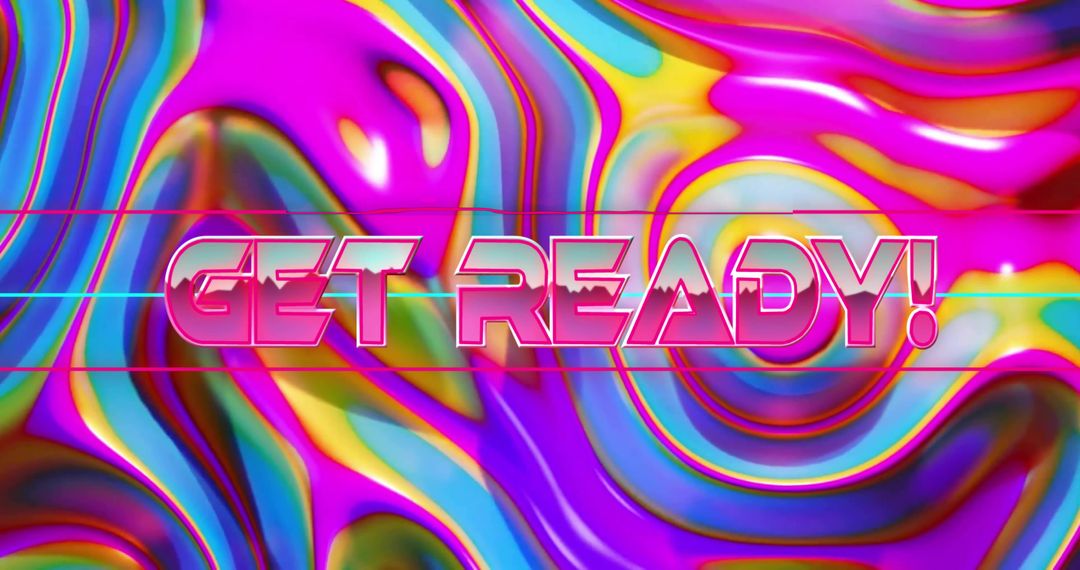 Get Ready! Neon Retrofuturistic Typography Poster with Glossy Multicolor Swirl Vortex