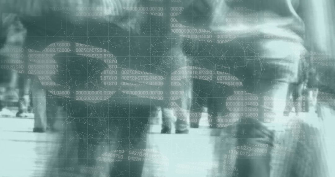 Blurry Pedestrians Amidst Digital Network and Binary Code