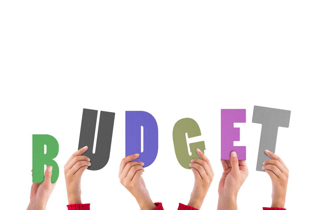 Hands Raising Colorful Budget Letters on Transparent Background