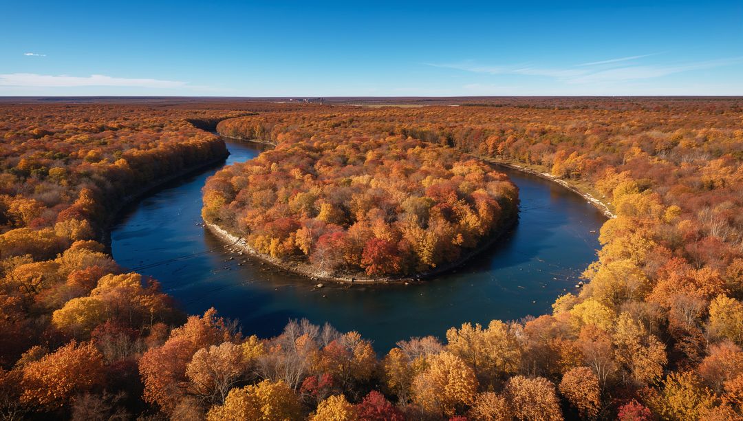 Aerial drone view of river winding around horseshoe bend with golden autumn canopy