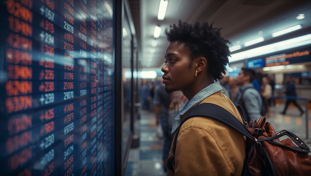 Traveler Checking Timetable Display in Bustling Train Station