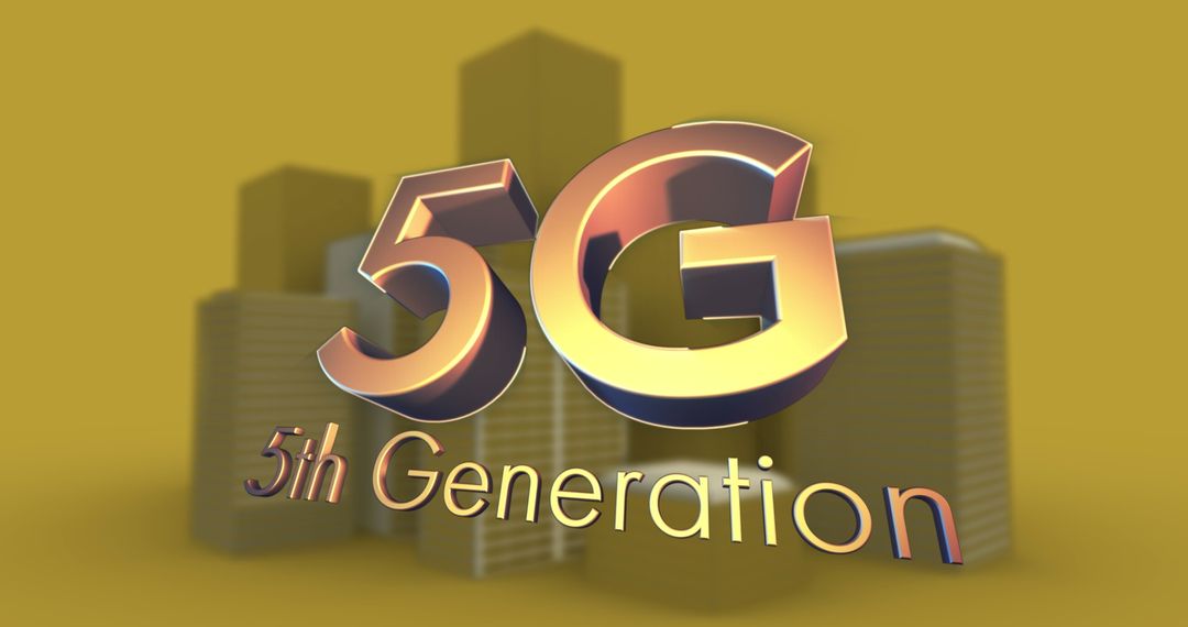 Golden 5G Logo with Cityscape Signifying Advanced Technology Network