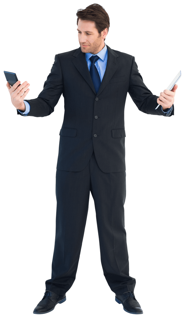 Transparent Businessman Using Calculator and Holding Tablet