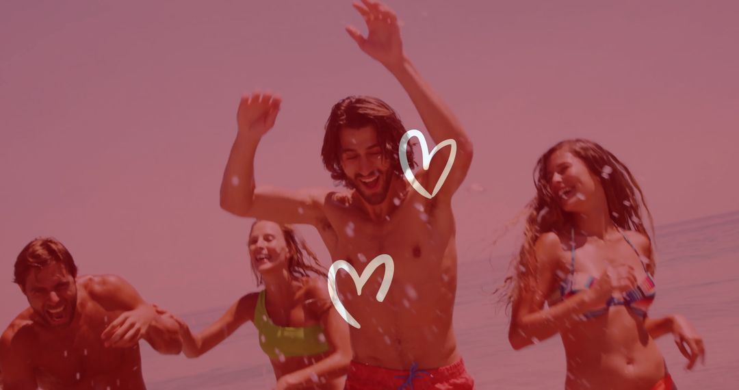 Friends Dancing Playfully by Beach with Heart Shapes Symbolizing Joy