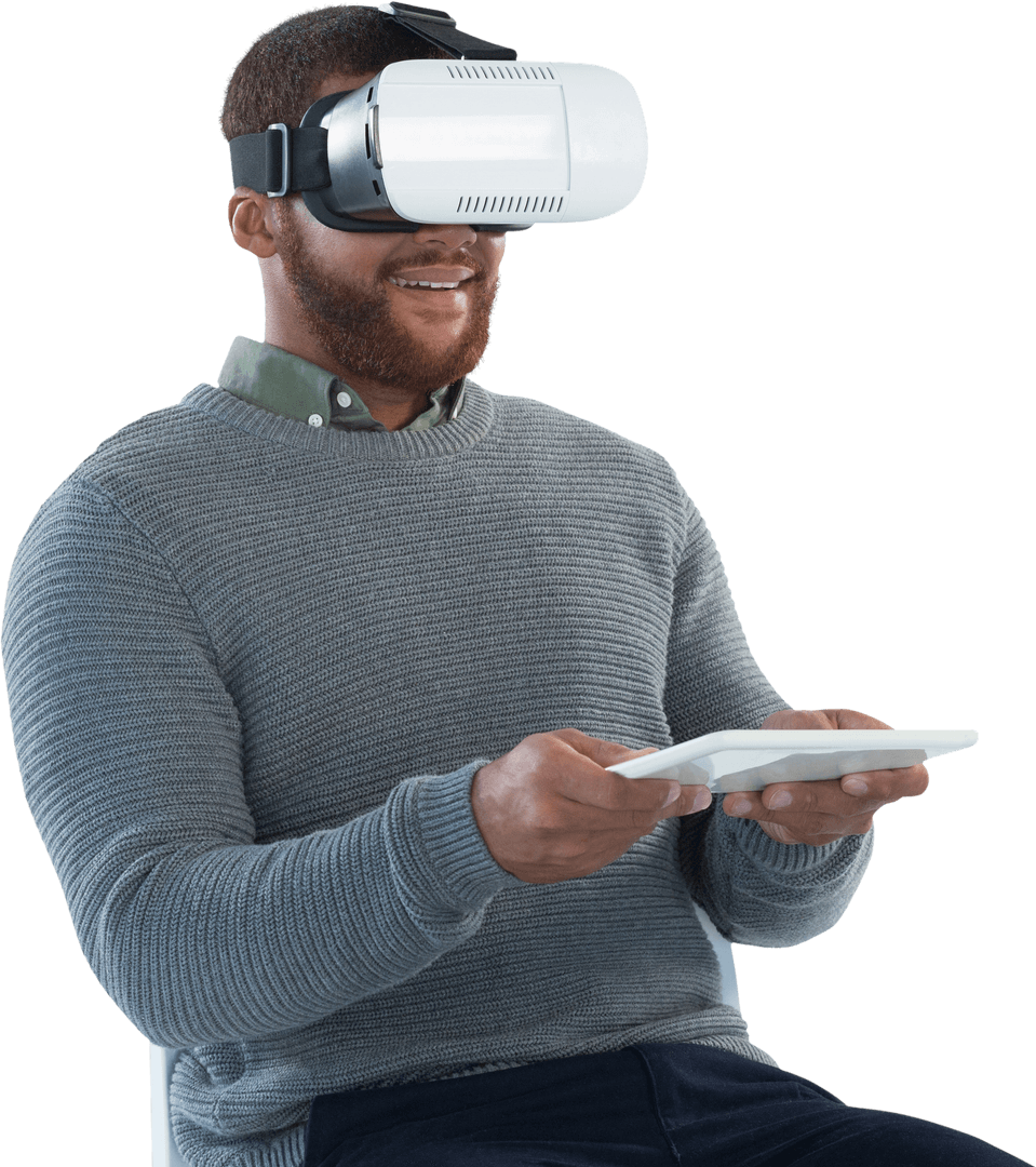 Businessman Using VR Headset With Digital Tablet on Transparent Background
