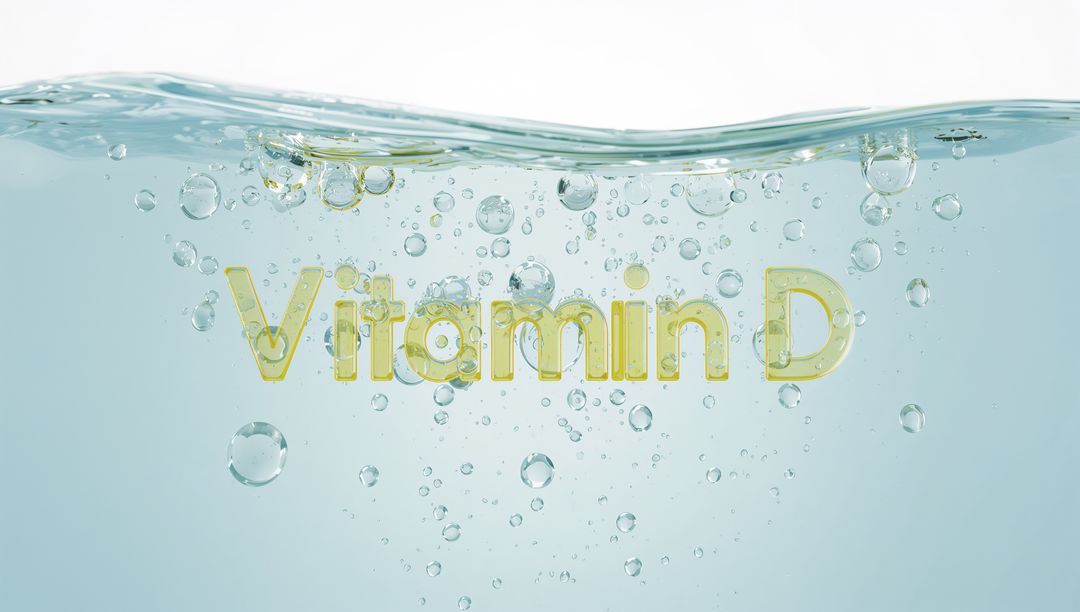 Floating Vitamin D text rising in clear water with bubbles and light refraction