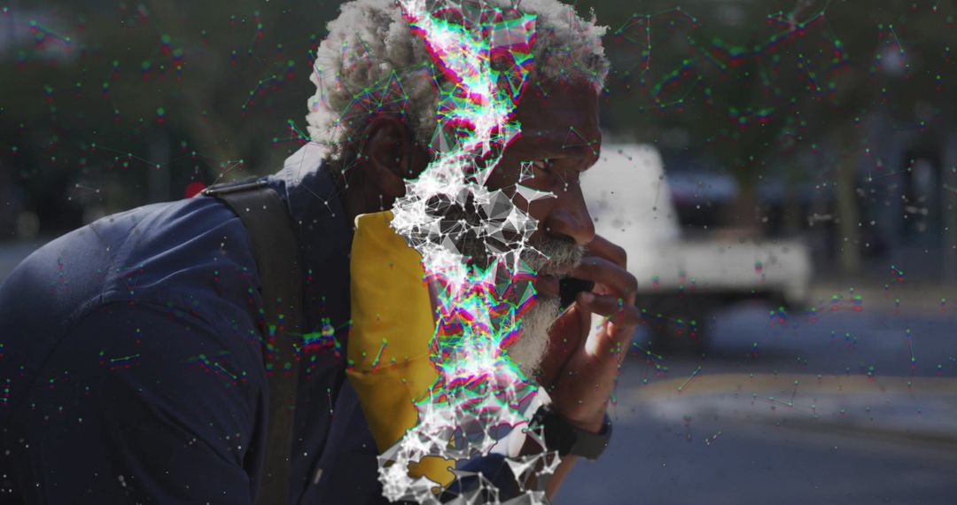 Urban Interaction: Man Communicating Amidst Digital Abstraction