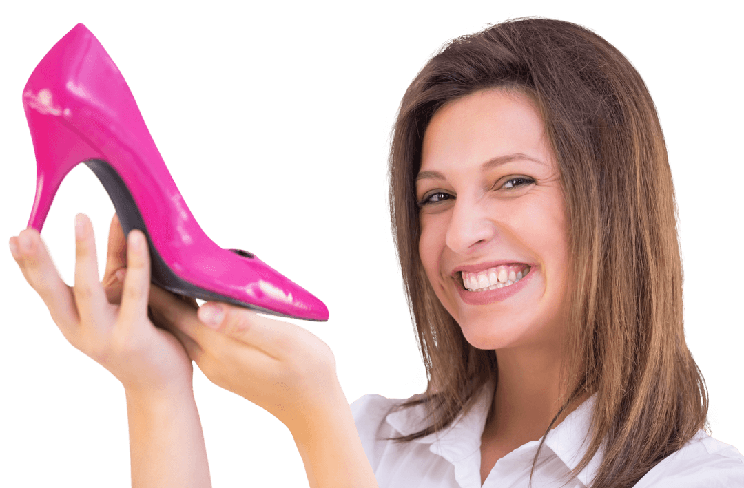 Smiling Woman Holding Transparent Pink Stiletto Heel Shoe