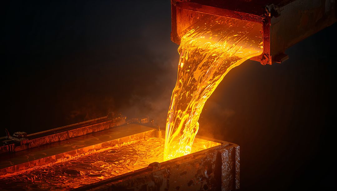 Pouring Molten Metal into Rectangular Mold at Foundry Creating Glowing Orange Cascade
