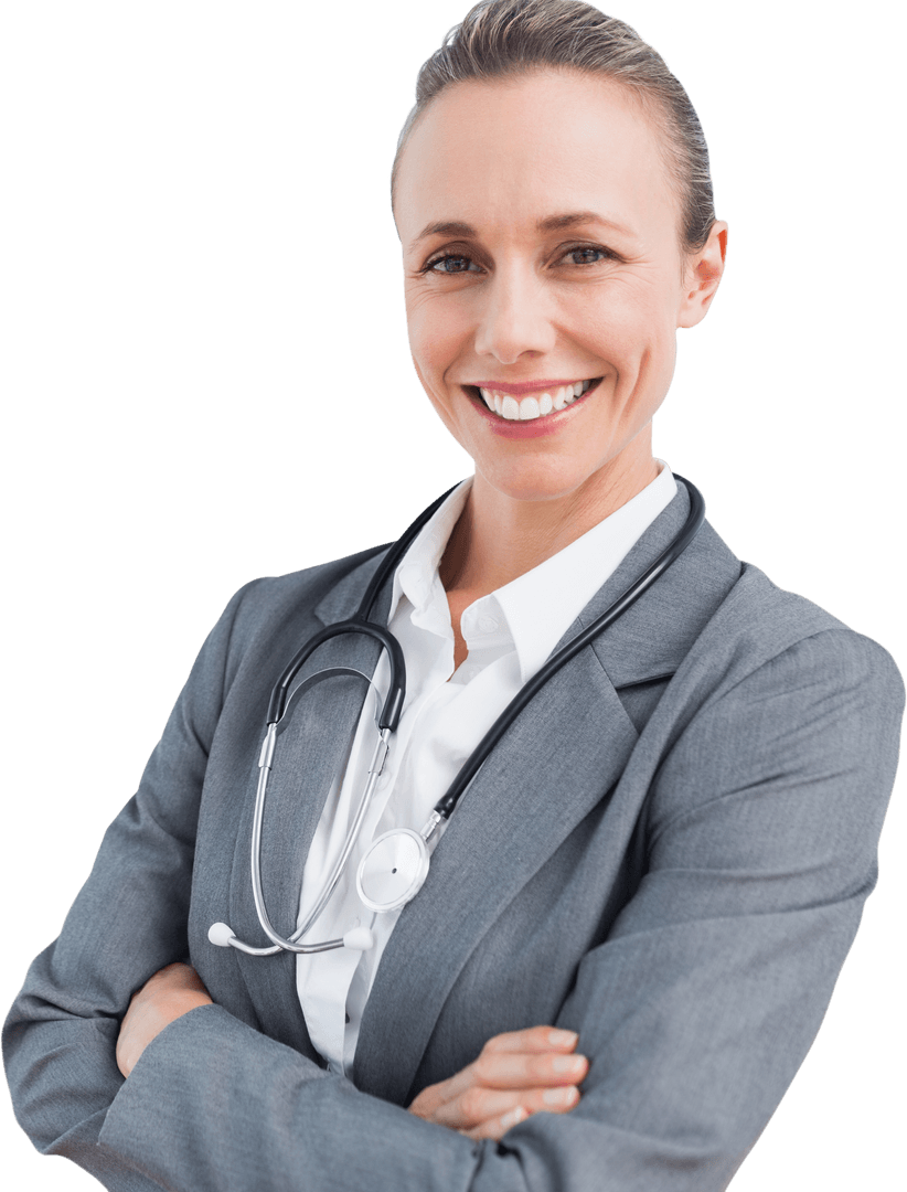 Smiling Caucasian Female Doctor in Professional Attire with Stethoscope