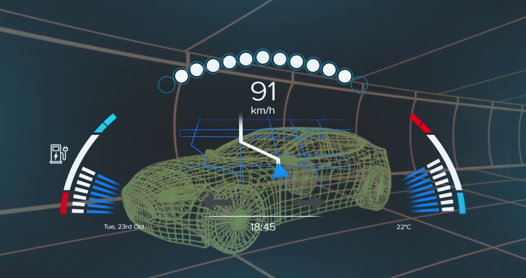Futuristic Car Dashboard Interface Displaying Speed and Fuel Status